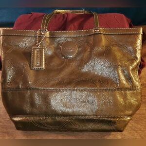 Coach Avery Stitched Patent Leather Tote Metallic Olive Green